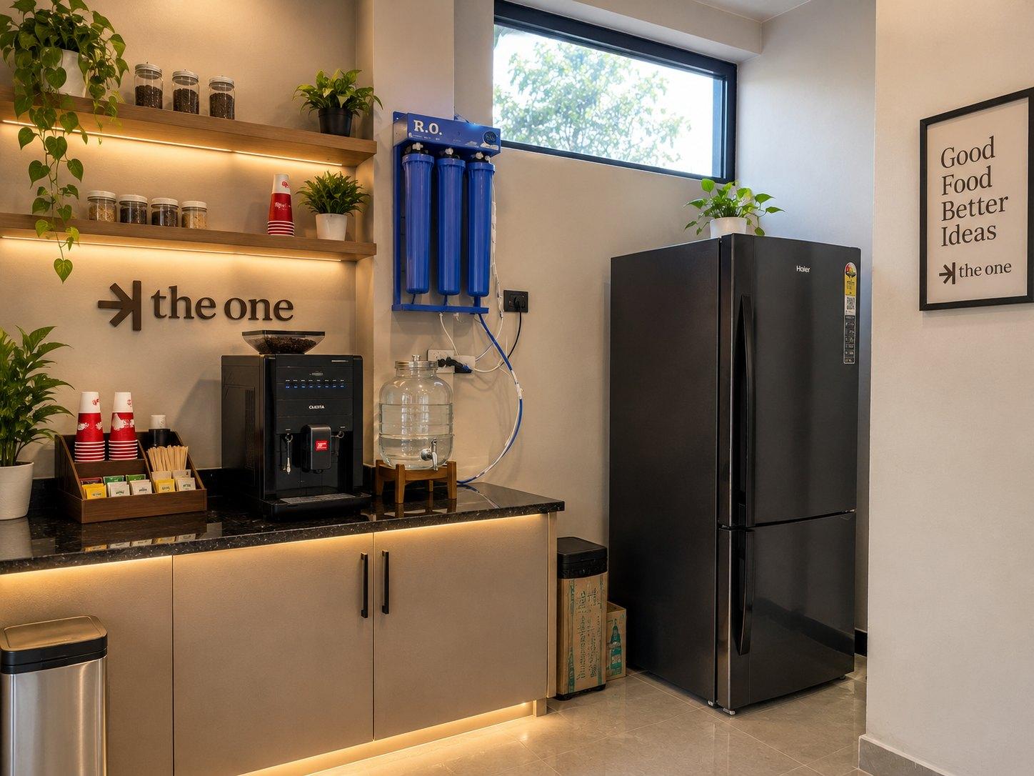 The pantry at TheOne with a coffee machine, RO water filter and fridge