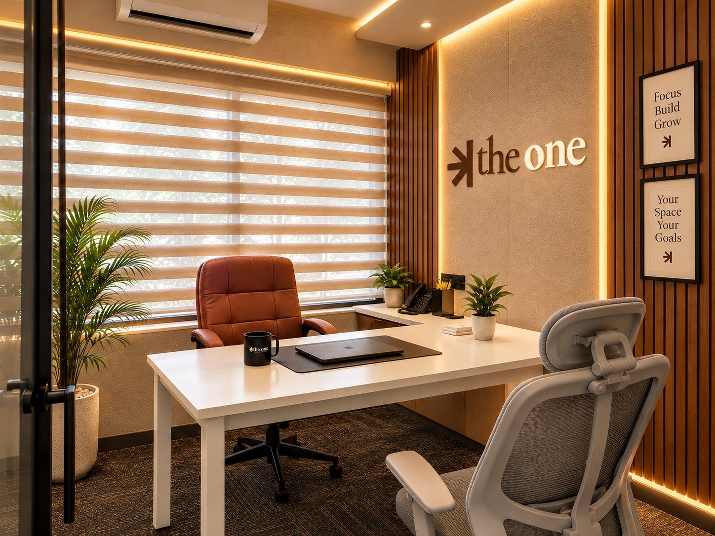 A private office at TheOne with a white desk, leather chair and sunlit blinds